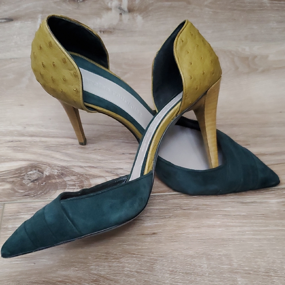 Narciso Rodriguez Green Suede and Yellow Ostrich 4" Heels